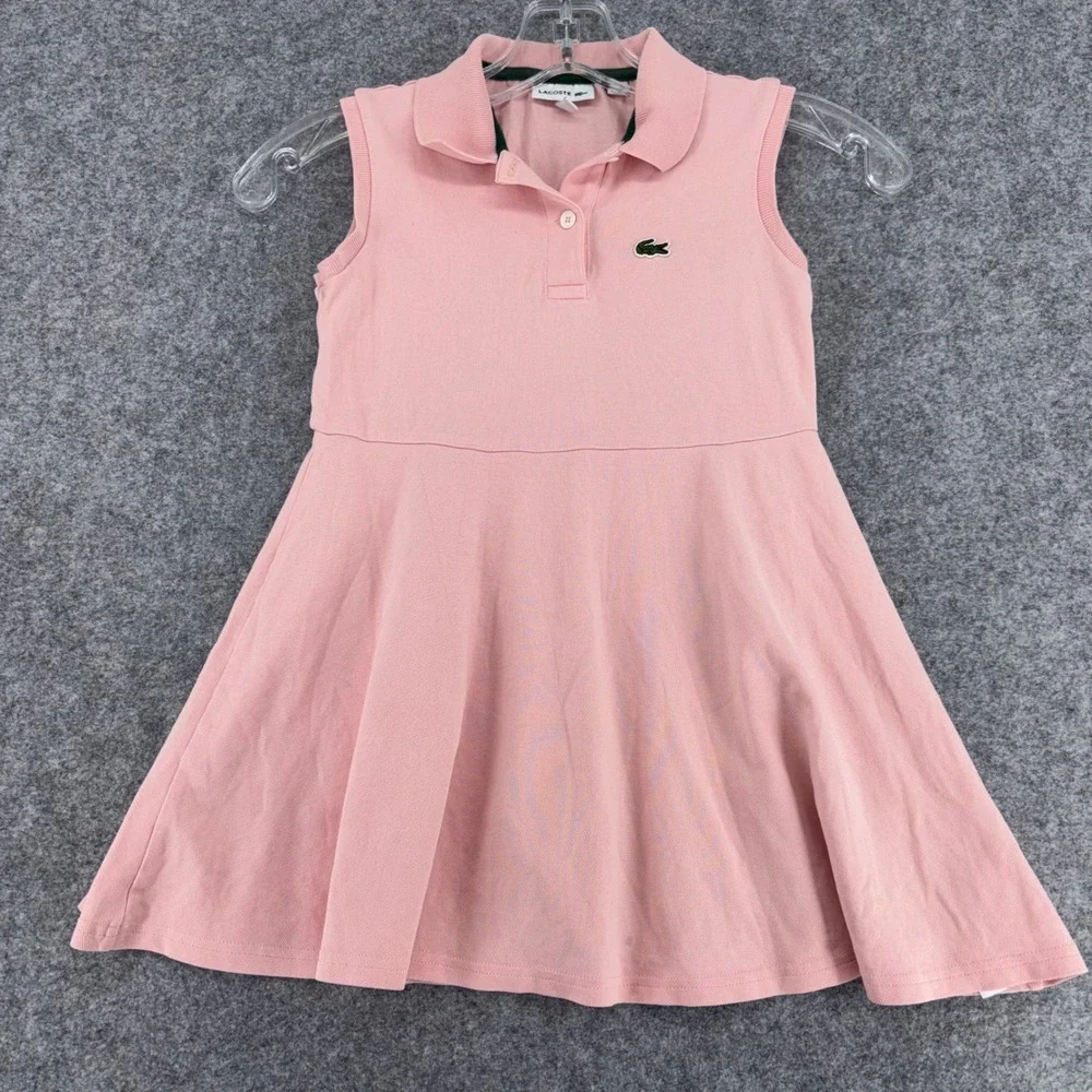 Lacoste Kids Pink Sleeveless Pique Polo Dress Sz 6 Crocodile Logo Sporty Preppy